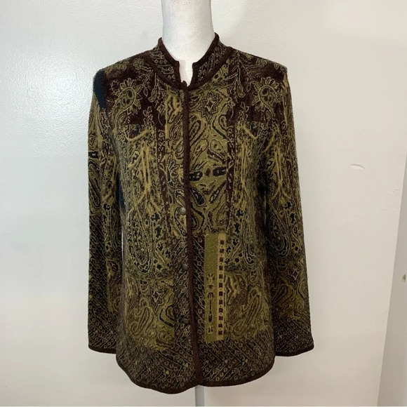 Chicos 0 Sweater Jacket Small  Brown‎ Print Button Front Long Sleeve Cardigan - Picture 1 of 14